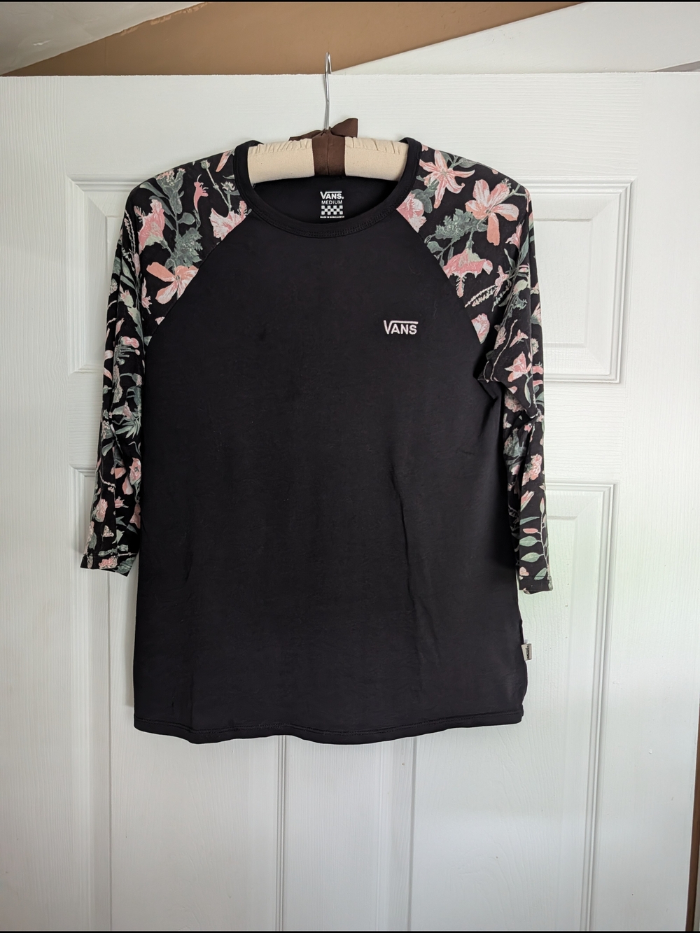 Vans Black Tee with Pink & Green Floral Raglan Sleeves